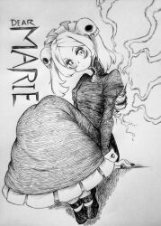  1girl absurdres aura bloody_marie_(skullgirls) character_name chronozbergh closed_mouth commentary dress english_commentary frilled_dress frills full_body graphite_(medium) greyscale hair_ornament highres long_dress looking_at_viewer monochrome nail_polish sitting skull_hair_ornament skullgirls solo traditional_media 