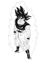  1boy absurdres aura battle_damage blood blood_on_face boots commentary dragon_ball dragon_ball_super english_commentary full_body greyscale highres looking_at_viewer male_focus medium_hair monochrome muscular muscular_male pants roub3d sash shirt simple_background solo son_goku spiky_hair standing torn_clothes torn_pants torn_shirt ultra_instinct_sign white_background wrist_cuffs 