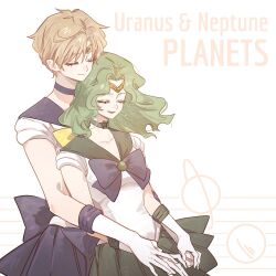  2girls arm_around_waist back_bow bishoujo_senshi_sailor_moon blonde_hair blue_bow blue_bowtie blue_choker blue_sailor_collar blue_skirt bow bowtie brooch choker circlet closed_mouth commentary english_text gloves green_hair green_sailor_collar green_skirt hand_on_another's_waist highres jewelry kaiou_michiru long_hair magical_girl miniskirt multiple_girls open_mouth parted_bangs pleated_skirt sailor_collar sailor_neptune sailor_senshi_uniform sailor_uranus short_hair skirt smile symbol-only_commentary ten'ou_haruka wavy_hair white_background white_gloves yellow_bow yellow_bowtie yumi_xsh 
