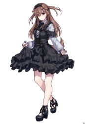  1girl absurdres alternate_costume animal_ears artist_name black_dress black_shoes blush breasts brown_eyes brown_hair brown_tail commentary_request criss-cross_strings dated dog_ears dog_girl dog_tail double-parted_bangs dress extra_ears frilled_dress frilled_hairband frills full_body gothic_lolita hair_between_eyes hair_ornament hairband hairclip highres hololive inugami_korone layered_dress light_up_dress lolita_fashion lolita_hairband long_hair long_sleeves mary_janes medium_breasts official_alternate_hairstyle parted_lips platform_heels shirt shirt_under_dress shoes short_dress signature simple_background skirt_hold solo surprised tail transparent_background traveler_(artbbt) two_side_up underbust virtual_youtuber white_shirt x_hair_ornament 