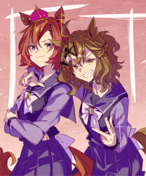 2girls ahoge animal_ears arm_around_shoulder bow bowtie breasts brown_hair closed_mouth crossed_arms crown domdam80 fang grin hair_between_eyes hair_ornament hairclip highres horse_ears horse_girl horse_tail jungle_pocket_(umamusume) long_sleeves looking_at_viewer medium_hair mini_crown multiple_girls notched_ear open_clothes orange_hair orange_tail pink_crown pleated_skirt purple_sailor_collar purple_serafuku purple_shirt purple_skirt sailor_collar sailor_shirt school_uniform serafuku shirt short_hair skirt smile t.m._opera_o_(umamusume) tail teeth tracen_school_uniform umamusume violet_eyes white_bow white_bowtie yellow_eyes 