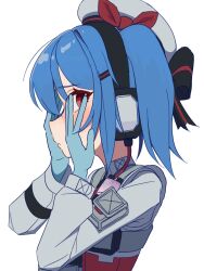  1girl beret blue_gloves blue_hair colphne_(girls'_frontline_2) commentary_request from_side girls'_frontline_2:_exilium girls_frontline gloves hands_on_own_face hat hat_ribbon headphones highres long_sleeves looking_at_viewer red_eyes red_ribbon ribbon simple_background solo twintails upper_body white_background white_hat yuge_99 