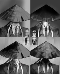  1boy bamboo-hatted_kim coat covered_face hat highres jacket jingasa limbus_company male_focus multiple_views necktie open_clothes open_coat project_moon reference_inset shirt shoggoth_(sirens20211) suit_jacket torn_clothes torn_hat 
