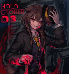  1girl absurdres animal_ears artist_name baseball_bat belt_collar beret black_coat black_hat black_vest blood blood_on_clothes blood_on_face blood_on_hands blood_stain bone_hair_ornament braid braided_twintails brown_eyes brown_hair city coat collar commentary_request dark_background dated dog_ears dog_girl dog_tail double-parted_bangs evil_smile glowing glowing_eyes grin hair_between_eyes hair_ornament hairclip hat highres holding holding_baseball_bat holding_unworn_clothes holding_unworn_hat hololive inugami_korone long_hair low_twin_braids low_twintails mafia mouth_hold parallel_hairclips pinstripe_pattern pinstripe_vest signature smile solo tail traveler_(artbbt) twin_braids twintails unworn_hat unworn_headwear vest virtual_youtuber waistcoat 