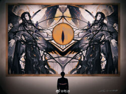  1boy alternate_eye_color angel_wings art_gallery blue_butterfly bubing bug butterfly chinese_commentary clarence_clayden commentary_request curtained_hair dual_persona eye_symbol facing_away feathered_wings feet_out_of_frame halo halo_behind_head limited_palette long_hair long_sleeves looking_up lovebrush_chronicles male_focus mole mole_under_eye multiple_wings open_hands outstretched_arms painting_(object) parted_bangs picture_frame plaque red_eyes robe signature silhouette slit_pupils spread_arms standing symmetry upper_body watermark weibo_watermark wings yellow_eyes 