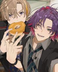  2boys absurdres bangs_pinned_back blonde_hair collared_shirt colored_inner_hair doughnut fang food food_in_mouth fura_kanato grey_shirt hair_between_eyes hashtag-only_commentary highres jewelry looking_at_viewer male_focus matsuhago multicolored_hair multiple_boys necklace necktie nijisanji one_eye_closed purple_hair ring school_uniform shirt short_hair smile two-tone_hair upper_body v v-shaped_eyebrows violet_eyes virtual_youtuber watarai_hibari yellow_eyes 