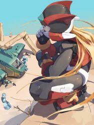  4boys absurdres aircraft armor blonde_hair forehead_jewel helmet highres long_hair male_focus mega_man_(series) mega_man_zero_(series) multiple_boys omochi_(mochi_skymega) pantheon_(mega_man) red_armor red_helmet solo_focus squatting zero(z)_(mega_man) zero_(mega_man) 