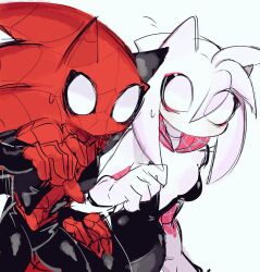  1boy 1girl alternate_costume amy_rose black_leotard bodysuit commentary cosplay furry furry_female furry_male gloves hedgehog_boy hedgehog_girl leotard looking_at_viewer marvel red_bodysuit red_gloves sonic_(series) sonic_the_hedgehog spider-gwen spider-gwen_(cosplay) spider-man spider-man_(cosplay) spider-man_(series) symbol-only_commentary usa37107692 white_background white_bodysuit white_gloves 