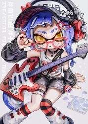  1girl adjusting_eyewear black_choker blue_hair bow braid cd_case choker detached_sleeves glasses guitar hat headphones highres inkling inkling_(language) inkling_girl inkling_player_character instrument jewelry leg_warmers looking_over_eyewear mole mole_under_eye montaro_810 orange_eyes plectrum red_bow shirt shorts single_bare_shoulder sitting sleeveless sleeveless_shirt socks solo splatoon_(series) striped_clothes striped_socks tentacle_hair thighlet white_background 