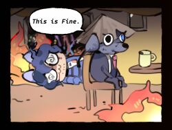  2boys :d @_@ animal_ears animalization bamboo-hatted_kim black_coat bleeding blood blue_hair blue_jacket burning burning_building cat cat_ears chair coat cup dog dog_ears english_text hashtag-only_commentary hat heterochromia highres hohenheim_(project_moon) id_card jacket jingasa limbus_company lying meme multiple_boys necktie on_chair on_side project_moon red_necktie round_eyewear shoggoth_(sirens20211) short_hair sitting smile speech_bubble table this_is_fine_(meme) unconscious white_trim 