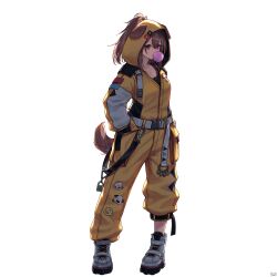  1girl absurdres animal_ears backlighting belt black_sports_bra blowing_bubble_gum brown_eyes brown_hair brown_tail character_pin chewing_gum commentary_request dog_ears dog_girl dog_tail double-parted_bangs ears_through_hood full_body futo-inu hair_between_eyes hair_through_hood hands_in_pockets high_ponytail high_tops highres hololive hood hood_up hooded_jumpsuit hoso-inu inugami_korone inugami_korone_(yb-2_overalls) jumpsuit listener_(inugami_korone) looking_at_viewer medium_hair messy_hair official_alternate_costume official_alternate_hairstyle overexposure ponytail shoes simple_background sneakers solo sports_bra tail tail_through_clothes transparent_background traveler_(artbbt) virtual_youtuber white_belt white_shoes yellow_jumpsuit 
