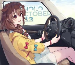  1girl :d absurdres animal_collar animal_ears belt blush bone_hair_ornament braid braided_twintails breasts brown_eyes brown_hair car_interior collar dog_ears double-parted_bangs dress driving extra_ears fangs feet_out_of_frame hair_between_eyes hair_ornament hairclip highres hololive inugami_korone inugami_korone_(1st_costume) jacket long_hair low_twin_braids low_twintails medium_breasts mini_cooper open_clothes open_jacket open_mouth parallel_hairclips red_collar short_dress sitting sleeve_bow smile solo steering_wheel traveler_(artbbt) twin_braids twintails virtual_youtuber white_dress wristband yellow_jacket 