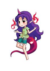  1girl barefoot breasts chibi chibi_only commentary_request dairi full_body green_shirt green_shorts horns large_variant_set long_hair pink_horns purple_hair red_eyes red_tail shirt shorts simple_background single_horn solo tachi-e tenkajin_chiyari test_tube touhou transparent_background variant_set very_long_hair 