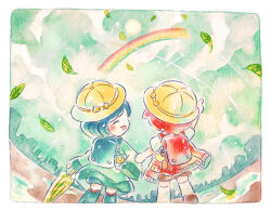  2boys backpack bag blue_hair border closed_eyes closed_umbrella clouds coat colored_pencil_(medium) commentary_request facing_another green_coat hat highres leaf maimaimaigoen male_focus multiple_boys painting_(medium) pointing pointing_up rainbow raincoat red_hair shinta_(maimaimaigoen) short_hair sleeve_pull traditional_media umbrella wataru_(maimaimaigoen) watercolor_(medium) white_border yellow_hat yukichi_0611 