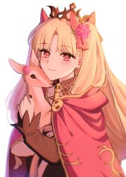  1girl absurdres baby_animal black_dress black_nails blonde_hair blush bow brown_fur cloak deer dress earrings ereshkigal_(fate) fate/grand_order fate_(series) fawn flower hair_bow hair_flower hair_ornament hair_ribbon highres jewelry long_hair looking_at_viewer red_cloak red_eyes red_ribbon ribbon skull skull_ornament smile spine tiara two_side_up very_long_hair zhu_li 