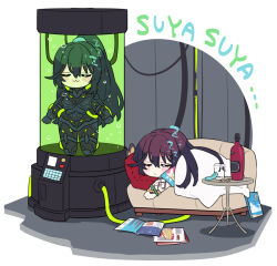  2boys :3 armor black_armor black_hair bottle closed_eyes closed_mouth commentary_request couch cup dual_persona hair_down half_updo highres hong_lu_(project_moon) k_corp._(identity)_(project_moon) limbus_company long_hair magazine_(object) multiple_boys pillow project_moon shiki_(shikki46) side_ponytail sleeping smile stasis_tank table tingtang_gang_(identity)_(project_moon) very_long_hair 