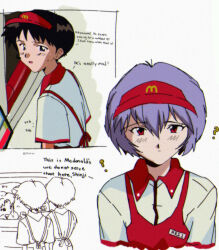  19saiyo ? apron ayanami_rei black_hair blue_hair blush collared_shirt commentary crying employee_uniform english_commentary fast_food_uniform hair_between_eyes hiccup highres ikari_shinji katsuragi_misato mcdonald's name_tag neon_genesis_evangelion red_apron red_eyes shirt sketch window 