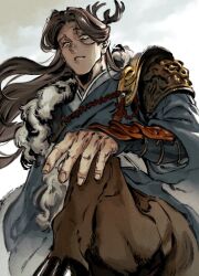 1boy 4_virgin antlers armor blue_hanfu brown_eyes brown_hair centauroid chinese_clothes commentary_request deer deer_antlers from_below hanfu highres horns long_hair looking_at_viewer male_focus original outdoors shoulder_armor solo taur upper_body wind 