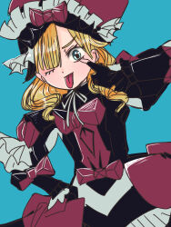  1girl :p armor black_armor blonde_hair blue_eyes eyelid_pull fire_emblem fire_emblem_engage frilled_headwear from_below hair_over_one_eye highres looking_at_viewer looking_down marni_(fire_emblem) medium_hair one_eye_closed red_armor smile solo tochiryo tongue tongue_out two-tone_headwear 