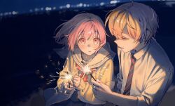  1boy 1girl beach blonde_hair blurry blurry_background cardigan collared_shirt commentary_request fireworks hair_between_eyes holding holding_fireworks korean_commentary light_smile neckerchief necktie ocean ootori_emu outdoors pink_eyes pink_hair project_sekai red_neckerchief sailor_collar shirt short_hair sleeves_rolled_up sparkler striped_clothes striped_necktie tenma_tsukasa undodo_0 upper_body white_sailor_collar white_shirt yellow_cardigan yellow_eyes 