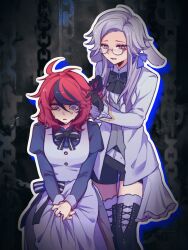  2boys 2girls ahoge alternate_costume animal_ears aotsuki_eito belt black_background black_boots black_bow black_bowtie black_gloves black_hair black_shorts blue_dress blue_eyes blue_ribbon boots borrowed_design bow bowtie braiding_another's_hair brooch buttons chain chinese_commentary coat commentary_request crying crying_with_eyes_open diamond_brooch dress e880444865 film_grain frilled_sleeves frills frown genderswap genderswap_(mtf) glasses gloves grey_eyes grey_hair grey_thighhighs grey_vest hair_between_eyes hair_ribbon highres jewelry juliet_sleeves kemonomimi_mode lace-up_boots long_hair long_sleeves lop_rabbit_ears medium_hair multicolored_hair multiple_boys multiple_girls open_clothes open_coat open_mouth outline own_hands_together puffy_sleeves rabbit_ears red_hair ribbon ring round_eyewear shirt shorts sitting smile streaked_hair sumino_takumi tears the_hundred_line_-last_defense_academy- thigh-highs thigh_boots two-tone_hair variant_set vest white_belt white_coat white_outline white_shirt wide-eyed 