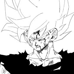  1boy 1rasutotoukou absurdres battle_damage blood blood_on_face dragon_ball dragon_ball_z greyscale highres male_focus monochrome muscular muscular_male serious shirt solo son_goku spiky_hair super_saiyan super_saiyan_1 torn_clothes torn_shirt upper_body 