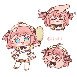  1girl :3 ahoge akin0_3 apron arm_up black_bow black_bowtie blue_eyes blush bow bowtie cheek_squash chibi closed_eyes commentary_request crepe_(trickcal) cropped_torso duster full_body headpat highres holding holding_duster looking_at_viewer maid_apron maid_headdress multiple_views pink_hair short_twintails simple_background socks solo_focus standing teeth trickcal twintails twitter_username upper_teeth_only white_background white_socks 