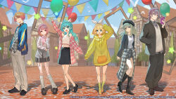  2boys 4girls :d ahoge animal_ear_fluff animal_ears aqua_eyes aqua_hair aqua_streaks arm_under_breasts arm_up arms_at_sides asymmetrical_sidelocks balloon bare_legs belt beret bird black_belt black_boots black_hat black_jacket black_pants black_shoes black_skirt blonde_hair blue_jacket blue_sky bob_cut boots bow breasts brown_shoes brown_sweater_vest camisole cat_ears cat_girl cellphone closed_mouth clothes_around_waist clouds collarbone collared_shirt commentary_request copyright_notice day drawstring empty_picture_frame fang full_body gradient_hair green_hair grey_skirt guest_art hair_between_eyes hair_bow hand_in_pocket hand_up hands_in_pockets hat hatsune_miku high_heel_boots high_heels highres holding holding_phone hood hood_down hooded_jacket house jacket kagamine_rin kamishiro_rui knee_boots kneehighs kusanagi_nene lack lapels long_hair long_sidelocks long_sleeves mary_janes midriff miniskirt multicolored_hair multiple_boys multiple_girls no_pants off_shoulder official_art ootori_emu open_clothes open_jacket open_mouth orange_hair outdoors pants parted_bangs penny_loafers phone picture_frame pink_eyes pink_hair pink_shirt plaid_clothes plaid_jacket plaid_shirt pleated_skirt project_sekai purple_hair second-party_source shirt shoes short_hair sidelocks skirt sky sleeves_past_wrists small_breasts smartphone smile socks spaghetti_strap standing star_(symbol) streaked_hair string_of_flags sweater_vest tenma_tsukasa tree untucked_shirt v-neck violet_eyes vocaloid white_bird white_bow white_camisole white_pants white_shirt white_socks wolf_cut wonderlands_x_showtime_(project_sekai) wonderlands_x_showtime_miku wonderlands_x_showtime_rin yellow_eyes yellow_jacket yellow_shoes yellow_socks zozotown 