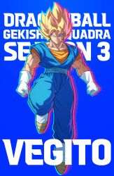  1boy blonde_hair blue_background blue_pants blue_sash blue_shirt boots character_name clenched_hands closed_mouth copyright_name dandan_mong dougi dragon_ball dragon_ball_gekishin_squadra dragon_ball_z full_body gloves green_eyes highres male_focus muscular muscular_male orange_shirt pants sash shirt simple_background smirk solo vegetto white_boots white_gloves 