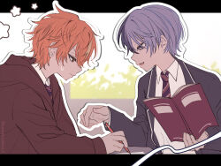  2boys aoyagi_touya book closed_mouth earrings frown grey_eyes highres holding holding_book holding_pen jewelry long_sleeves looking_down male_focus multicolored_hair multiple_boys nanobooboo necktie open_book open_mouth orange_hair pen project_sekai school_uniform shinonome_akito single_earring smile 