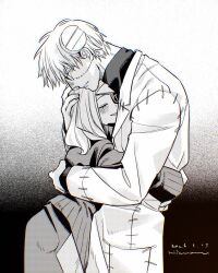  1boy 1girl coat commentary_request dress eyepatch franken_stein_(soul_eater) gradient_background greyscale hetero highres hissiu long_hair marie_mjolnir monochrome object_through_head screw_in_head short_hair smile soul_eater stitched_face stitches 