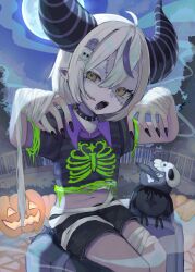  1girl absurdres ahoge bandaged_arm bandaged_leg bandages black_nails black_shorts collar colored_skin commentary_request crow_(la+_darknesss) fangs fingernails flat_chest full_moon grey_hair grey_skin hair_ornament halloween highres hololive horns huge_horns jack-o'-lantern la+_darknesss moon nail_polish navel nemuta_muu night open_mouth outdoors outstretched_arms patchwork_skin pointy_ears print_shirt purple_streaks sharp_fingernails shirt shorts skull_hair_ornament solo spiked_collar spikes stomach striped_clothes striped_horns striped_shirt virtual_youtuber yellow_eyes zombie_pose 