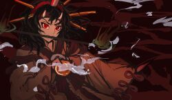  1other absurdres androgynous angry black_background black_hair bow bowl bowtie brooch brown_kimono candle_on_head cowboy_shot dagger demon_horns fake_horns fangs fire furrowed_brow ghost_tail green_fire hair_ornament hairband hairpin headband highres holding holding_bowl holding_dagger holding_knife holding_weapon horns japanese_clothes jewelry kimono knife len'en long_hair looking_at_viewer messy_hair mouth_guard multiple_hairpins other_focus otogisum3 red_bow red_bowtie red_eyes red_hairband red_headband red_ribbon red_theme ribbon sleeve_ribbon slit_pupils smoke solo striped_bow striped_bowtie striped_clothes taira_no_chouki very_long_hair weapon white_horns wide_sleeves 