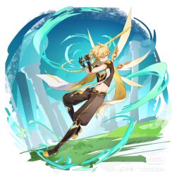  1boy aether_(genshin_impact) black_boots black_gloves blonde_hair boots braid braided_ponytail brown_pants brown_shirt cropped_shirt full_body genshin_impact gloves gold_trim hashtag-only_commentary highres holding holding_sword holding_weapon liya01037 long_hair midriff navel pants scarf shirt single_braid solo sword vambraces weapon white_scarf wings yellow_eyes 