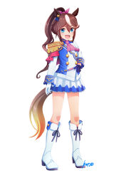  1girl absurdres animal_ears ascot asymmetrical_gloves black_gloves blue_eyes blush boots bow brown_hair buttons cape commentary_request double-breasted ear_bow ear_ornament ear_ribbon epaulettes full_body gloves hair_between_eyes high_ponytail highres horse_ears horse_girl horse_tail jacket konsu_(konsu1182da) long_hair long_sleeves looking_at_viewer mismatched_gloves multicolored_hair multicolored_jacket open_mouth pink_ascot ponytail red_cape simple_background single_epaulette skirt smile solo streaked_hair tail tokai_teio_(peak_joy)_(umamusume) tokai_teio_(umamusume) two-tone_hair two-tone_jacket two-tone_skirt umamusume white_background white_boots white_gloves white_hair white_jacket white_skirt 