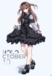  1girl absurdres alternate_costume animal_ears artist_name black_dress black_shoes blush breasts brown_eyes brown_hair brown_tail commentary_request criss-cross_strings dated dog_ears dog_girl dog_tail double-parted_bangs dress extra_ears frilled_dress frilled_hairband frills full_body gothic_lolita gradient_background hair_between_eyes hair_ornament hairband hairclip highres hololive inugami_korone layered_dress light_up_dress lolita_fashion lolita_hairband long_hair long_sleeves mary_janes medium_breasts official_alternate_hairstyle parted_lips platform_heels shadow shirt shirt_under_dress shoes short_dress signature skirt_hold solo surprised tail traveler_(artbbt) two_side_up underbust virtual_youtuber white_shirt x_hair_ornament 