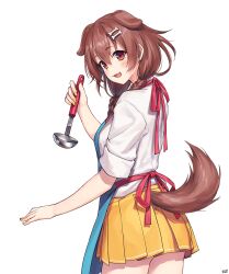  1girl absurdres animal_ears apron artist_name blue_apron bone_hair_ornament breasts brown_eyes brown_hair commentary_request cowboy_shot dated dog_ears dog_girl dog_tail double-parted_bangs extra_ears from_behind from_side hair_between_eyes hair_ornament hairclip highres holding holding_ladle hololive inugami_korone ladle long_hair long_sleeves looking_at_viewer medium_breasts miniskirt nail_polish open_mouth parallel_hairclips pleated_skirt raised_eyebrows shirt signature simple_background skirt sleeves_rolled_up smile solo tail tail_through_clothes transparent_background traveler_(artbbt) virtual_youtuber white_shirt yellow_nails yellow_skirt 