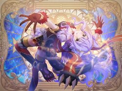  1girl :q ahoge animal_ears arched_back black_dress black_gloves cerberus_costume dog_ears dress fake_animal_ears fake_claws fake_tail game_cg gloves long_hair looking_at_viewer midair official_art otonashi_ichie purple_hair shoujo_kageki_revue_starlight shoujo_kageki_revue_starlight_-re_live- solo tail tongue tongue_out yellow_eyes 