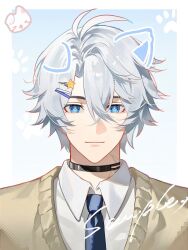  1boy antenna_hair black_choker blue_eyes blue_necktie chinese_commentary choker collared_shirt commentary_request drawn_ears hair_ornament hairpin highres honkai:_star_rail honkai_(series) male_focus neck_tattoo necktie parted_bangs phainon_(honkai:_star_rail) portrait sample_watermark school_uniform shirt short_hair solo suirandanshihao sun_symbol sun_tattoo tattoo watermark white_hair white_shirt 