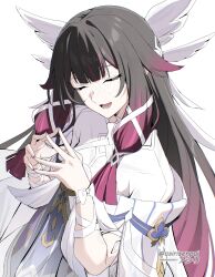  1girl :d absurdres adapted_costume artist_name asiri_senpai black_hair closed_eyes columbina_(genshin_impact) commentary dress genshin_impact head_wings highres multicolored_hair open_mouth own_hands_together purple_hair ribbon simple_background smile solo steepled_fingers streaked_hair upper_body white_background white_dress white_ribbon wings wrist_ribbon 