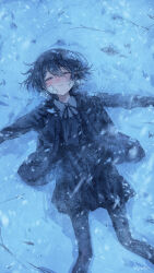  1girl absurdres bandaid bandaid_on_face black_cardigan black_dress black_hair black_pantyhose black_ribbon blush cardigan collared_shirt dress feet_out_of_frame from_above half-closed_eyes highres kyafu looking_up lying neck_ribbon nose_blush on_back on_ground open_cardigan open_clothes original outdoors outstretched_arms pantyhose parted_lips pinafore_dress ribbon shirt short_hair signature skinny sleeveless sleeveless_dress snow snowing solo tearing_up twitter_username white_shirt 