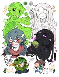 5girls androgynous arthropod_girl bird black_hair black_skin block_(minecraft) brain chasing chibi chicken chicken_(minecraft) child claws closed_eyes colored_sclera colored_skin commentary creeparka creeper crying enderman english_commentary english_text explosive exposed_brain extra_eyes fangs genderswap genderswap_(otf) ghast green_hair green_skin grey_hair highres hood hood_up long_hair looking_at_viewer minecraft monster_girl multiple_girls personification pointy_ears red_sclera reference_inset sharpycharot short_hair slime_(minecraft) slime_girl solid_eyes spider_(minecraft) spider_girl tnt violet_eyes white_background white_hair white_skin yellow_eyes zombie zombie_(minecraft) 