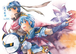  2014 3boys blue_eyes blue_hair cape comiket_87 commentary_request cover cover_page doujin_cover fingerless_gloves fire_emblem fire_emblem:_mystery_of_the_emblem fire_emblem:_radiant_dawn gloves headband ike_(fire_emblem) kirby_(series) kitsukit male_focus marth_(fire_emblem) meta_knight multiple_boys red_cape sheath sheathed short_hair super_smash_bros. sword teeth tiara translation_request upper_teeth_only weapon wings 