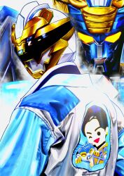  2boys 4ze_meteor absurdres blue_jacket from_behind goodeburn gozyupolar helmet highres jacket kumade_mashiro looking_at_viewer looking_back male_focus multiple_boys no.1_sentai_gozyuger super_sentai tokusatsu upper_body white_helmet white_jacket yellow_eyes 