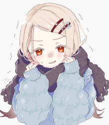  1girl black_scarf blonde_hair blue_coat blush coat cold colored_eyelashes commentary_request enpera flipped_hair gakuen_idolmaster gradient_hair grey_hair hair_ornament hairclip hands_up highres idolmaster long_hair long_sleeves looking_at_viewer motion_lines multicolored_hair nose_blush open_mouth orange_eyes parallel_hairclips parted_bangs puffy_long_sleeves puffy_sleeves scarf shinosawa_hiro simple_background small_sweatdrop solo syrup7979 trembling upper_body wavy_mouth white_background winter_clothes 