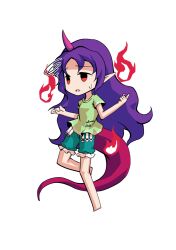 1girl barefoot breasts chibi chibi_only commentary_request dairi full_body green_shirt green_shorts horns large_variant_set long_hair pink_horns purple_hair red_eyes red_tail shirt shorts simple_background single_horn solo tachi-e tenkajin_chiyari test_tube touhou transparent_background variant_set very_long_hair 