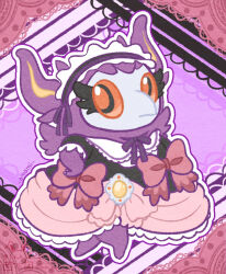  aromatisse black_eyes bow clothed_pokemon colored_sclera commentary_request dress eyelashes frilled_dress frills full_body highres hotoketto16 lolita_fashion no_humans outline pink_bow pokemon pokemon_(creature) pokemon_focus purple_outline red_pupils red_sclera solo white_headdress white_outline 