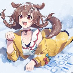  1girl :d absurdres animal_collar animal_ears artist_name belt_collar blush bone_hair_ornament braid braided_twintails breasts brown_eyes brown_hair buttons collar commentary_request dated dog_ears dog_girl dog_tail double-parted_bangs dress extra_ears fangs hair_between_eyes hair_ornament hairclip highres hololive inugami_korone inugami_korone_(1st_costume) jacket large_breasts long_hair looking_afar looking_ahead low_twin_braids low_twintails lying nail_polish on_stomach open_clothes open_jacket open_mouth parallel_hairclips paw_pendant paw_pose raised_eyebrows red_collar signature single_bare_shoulder single_off_shoulder sleeveless sleeveless_dress smile snow snowing solo tail traveler_(artbbt) twin_braids twintails virtual_youtuber white_dress yellow_jacket yellow_nails 