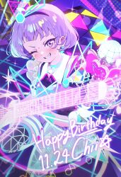  black_shirt black_thighhighs blue_choker blush bracelet character_name choker commentary_request dated dolldolldd dot_nose earrings grin happy_birthday highres himitsu_no_aipri holding holding_microphone idol idol_clothes jewelry looking_at_viewer mamiya_chii microphone midriff miniskirt navel neon_lights pretty_series purple_hair purple_skirt raised_eyebrow see-through_clothes see-through_sleeves shirt short_hair short_sleeves skirt smile sparkle stage straight_hair sweat thigh-highs v-shaped_eyebrows violet_eyes 