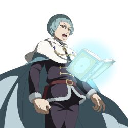  1boy absurdres black_clover black_clover_m:_rise_of_the_wizard_king black_jacket black_pants blue_cape blue_eyes book brown_eyes cape capelet fur-trimmed_jacket fur_trim grimoire highres jacket marx_(black_clover) non-web_source official_art open_book open_mouth pants short_hair simple_background solo teeth transparent_background white_capelet 